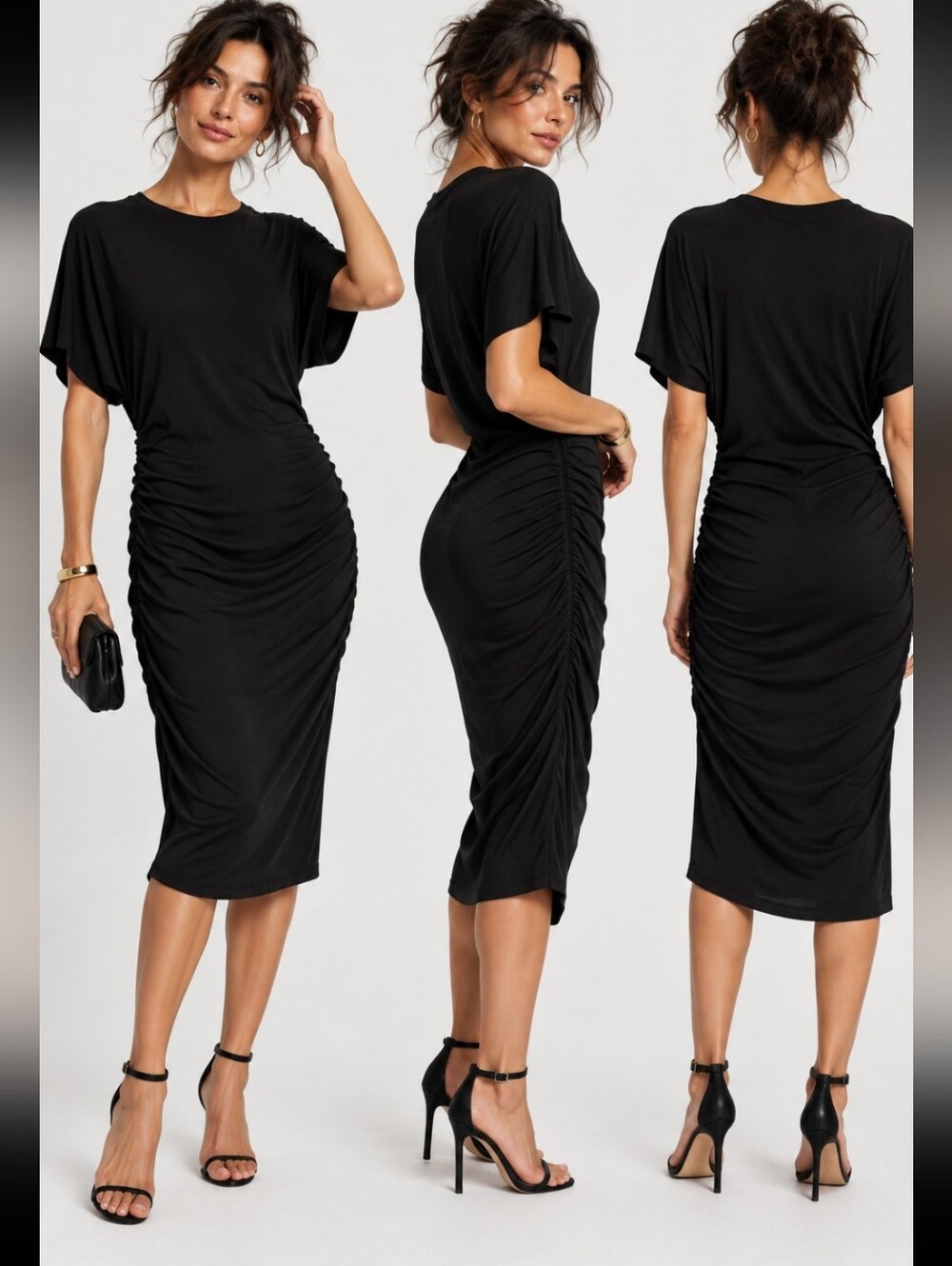 💥Velvet by Graham & Spencer Black Ruched Midi Dress Size L